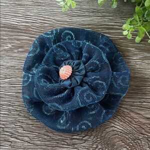 Navy Sparkle Floral Tulle  Hair Clip with Pink Button Center